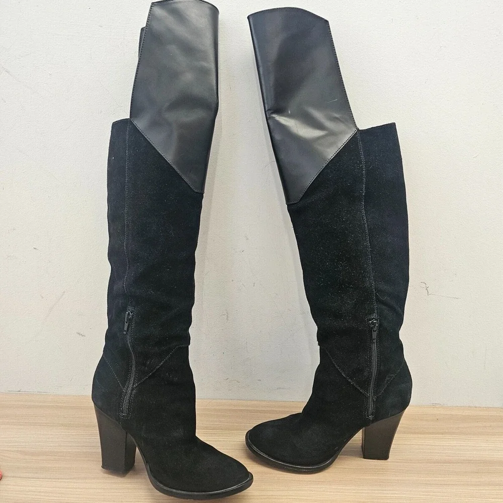 MAJE‎ Edgy Over The Knee Boots Womens 6.5 Black Suede Leather Rock Chic Giuliana